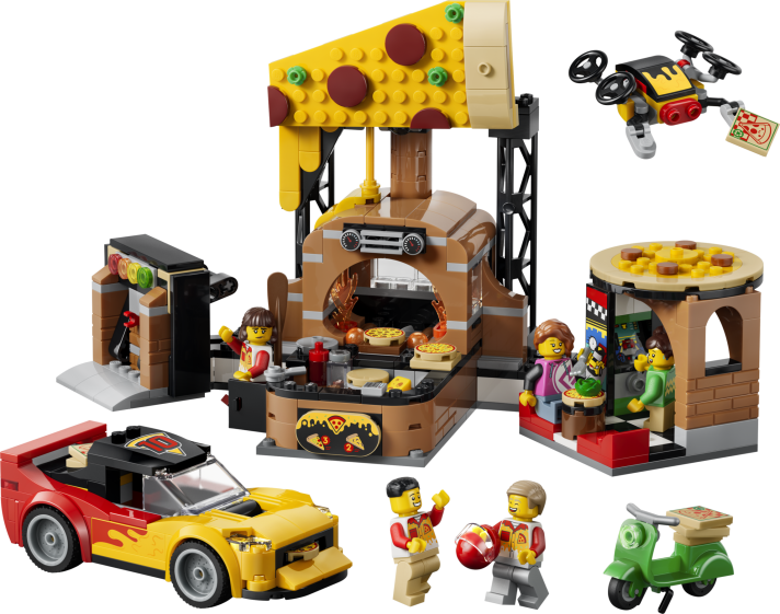 Pizzacentrale met voertuigen