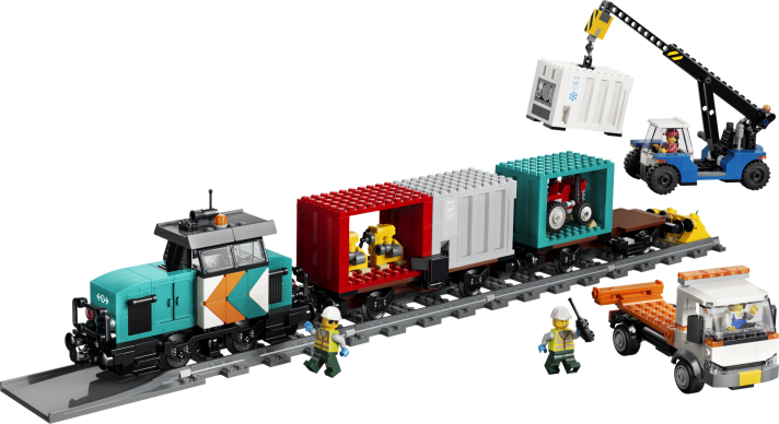 Containertrein met kraan en vrachtwagen